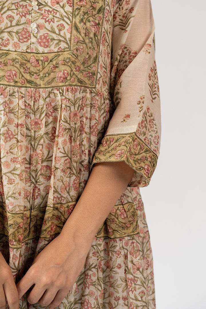 Chanderi Hand Block Printed Dress - White