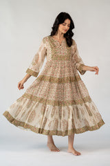 Chanderi Hand Block Printed Dress - White