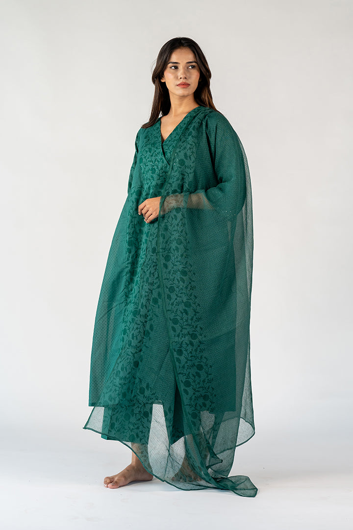 Cotton Kota Doria Hand Block Printed Dupatta - Green