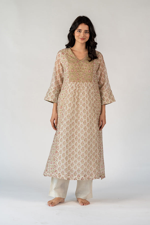 Chanderi Hand Block Printed Kurta- White