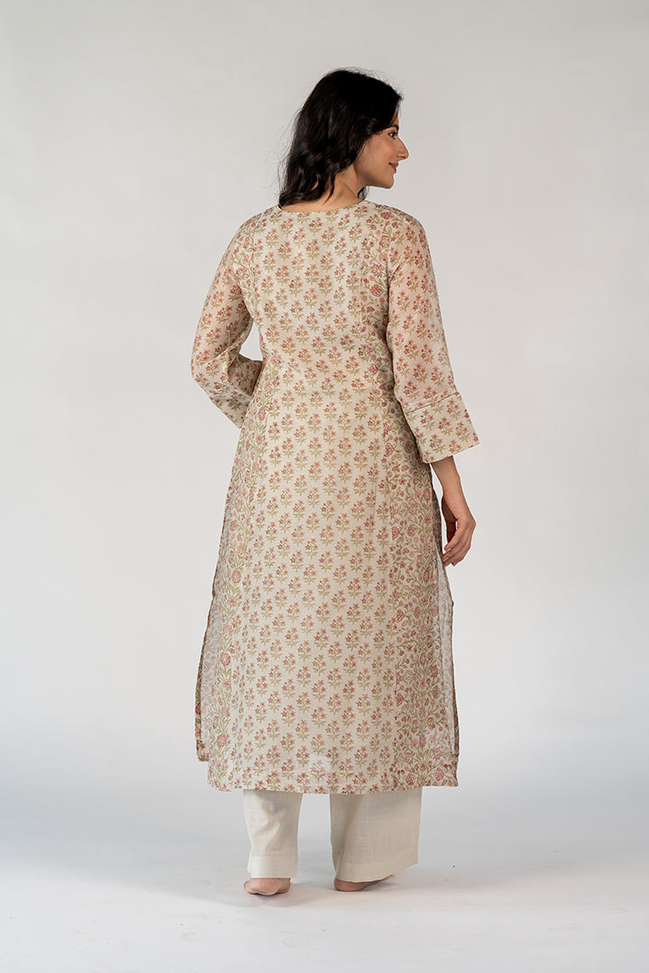 Chanderi Hand Block Printed Kurta- White