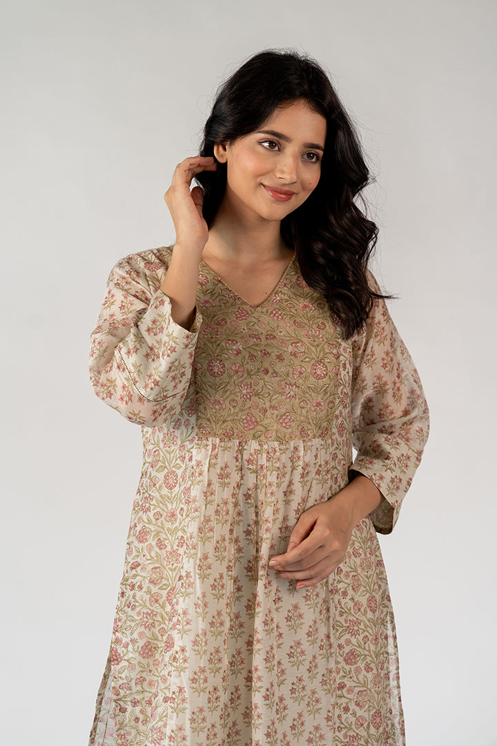 Chanderi Hand Block Printed Kurta- White