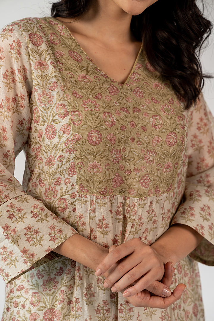 Chanderi Hand Block Printed Kurta- White