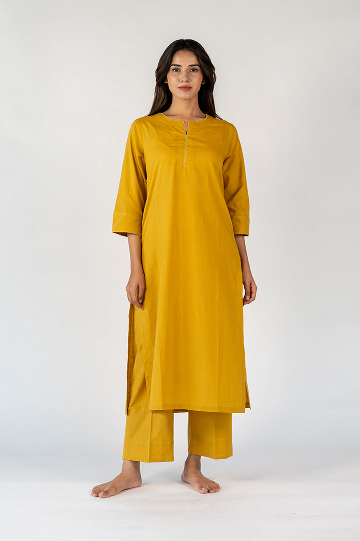 Cotton Hand Embroidered Kurta - Yellow