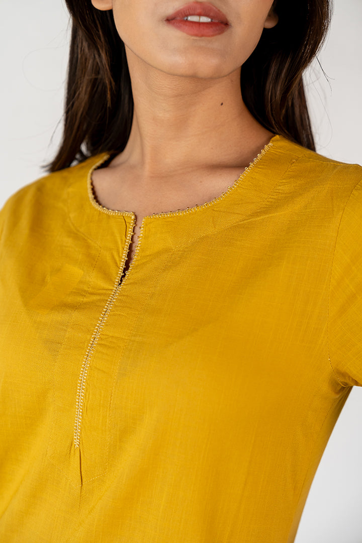 Cotton Hand Embroidered Kurta - Yellow