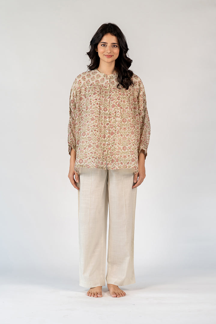 Chanderi Hand Block Printed Top - White