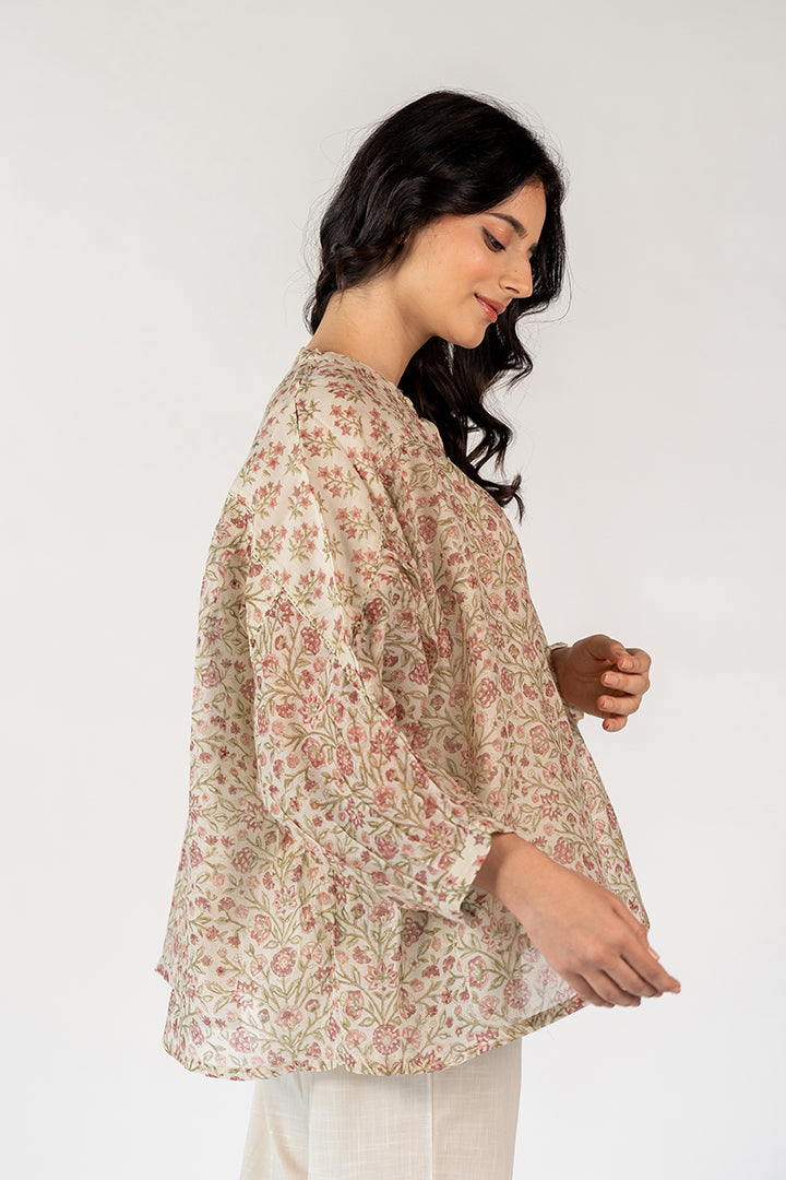 Chanderi Hand Block Printed Top - White