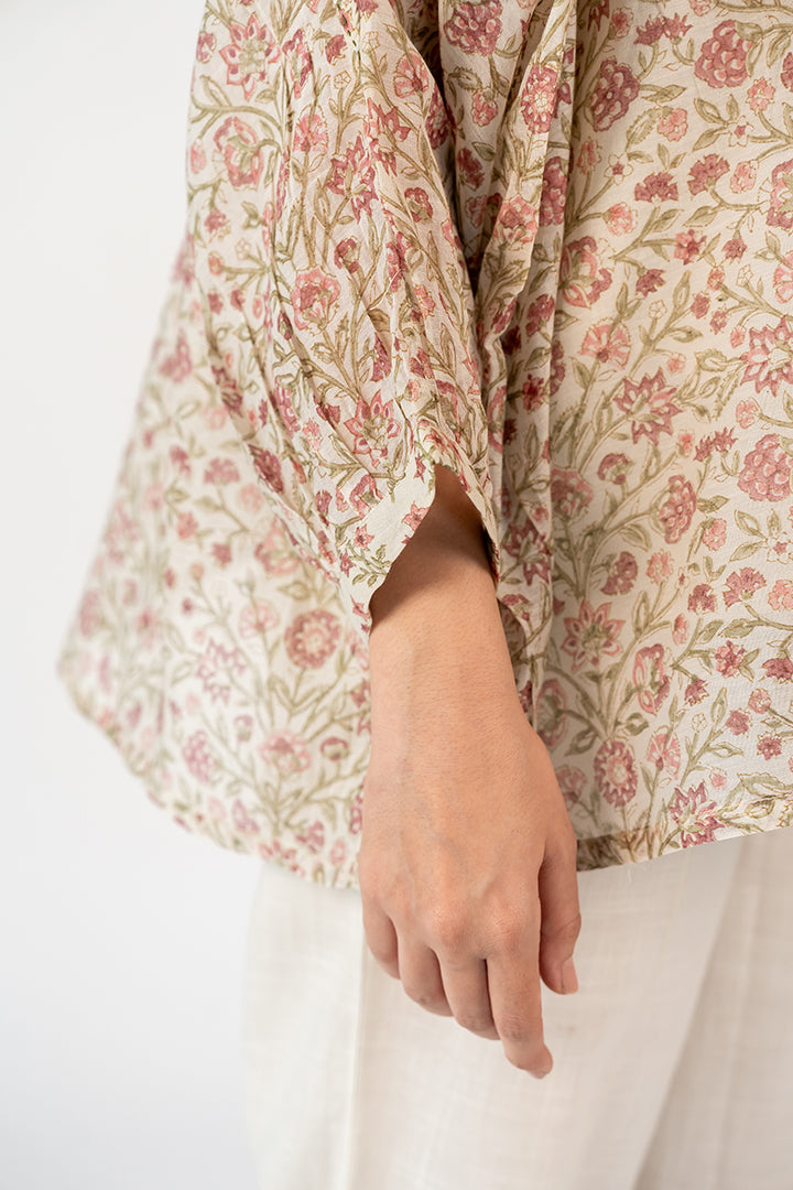 Chanderi Hand Block Printed Top - White