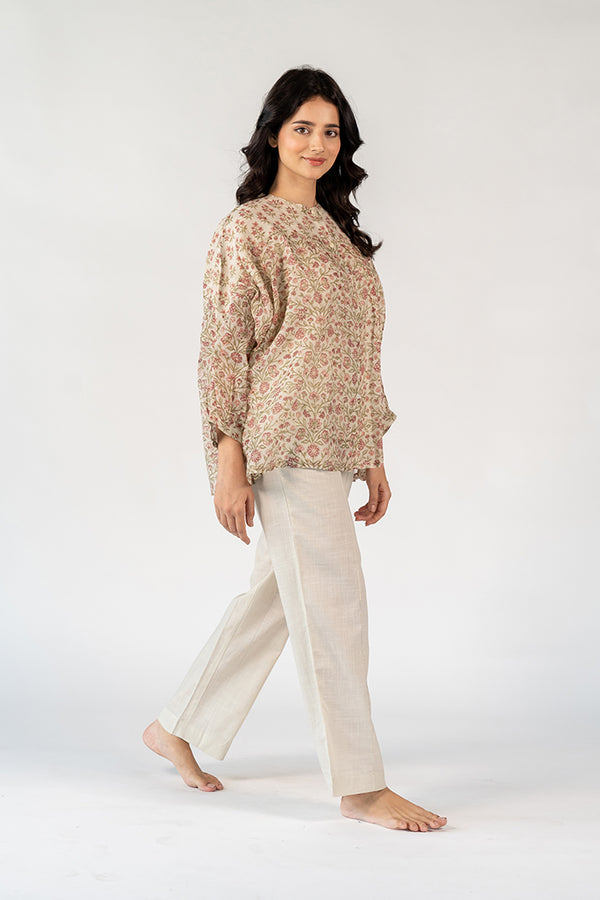 Chanderi Hand Block Printed Top - White