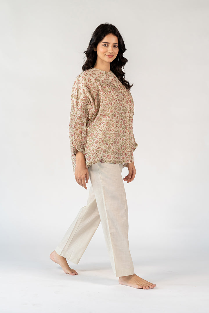 Chanderi Hand Block Printed Top - White