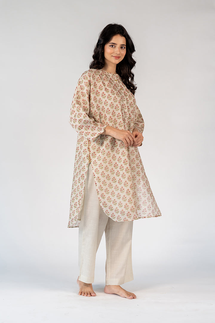 Chanderi Hand Block Printed Tunic - White