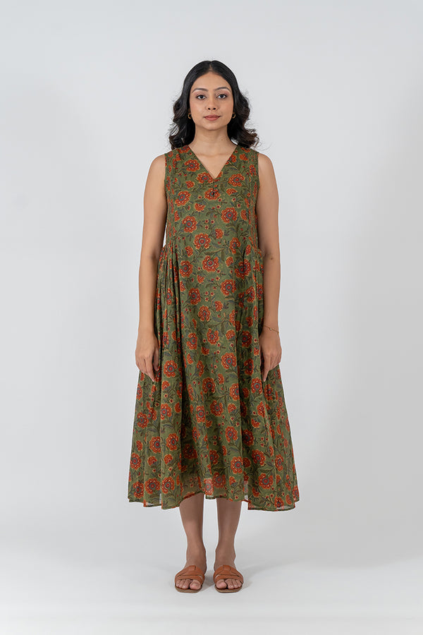 Cotton Hand Blocked Printed Dress - Green