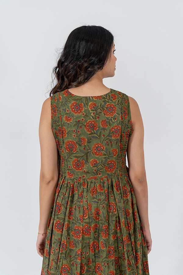 Cotton Hand Blocked Printed Dress - Green