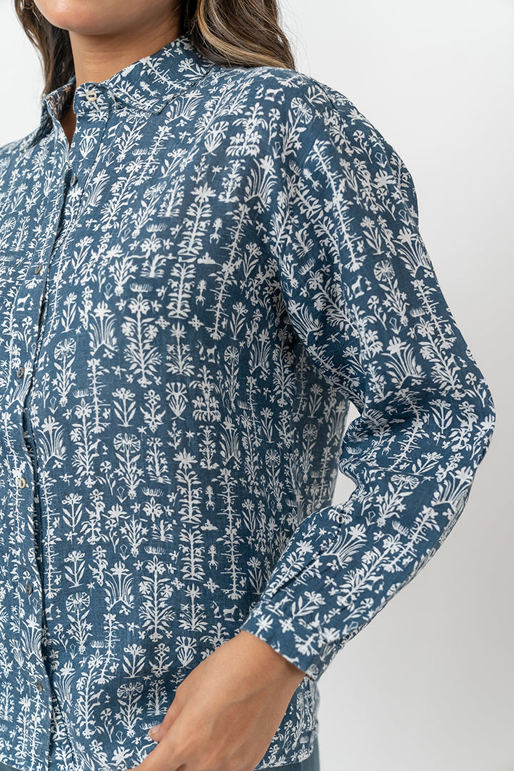 Linen Printed Shirt - Indigo