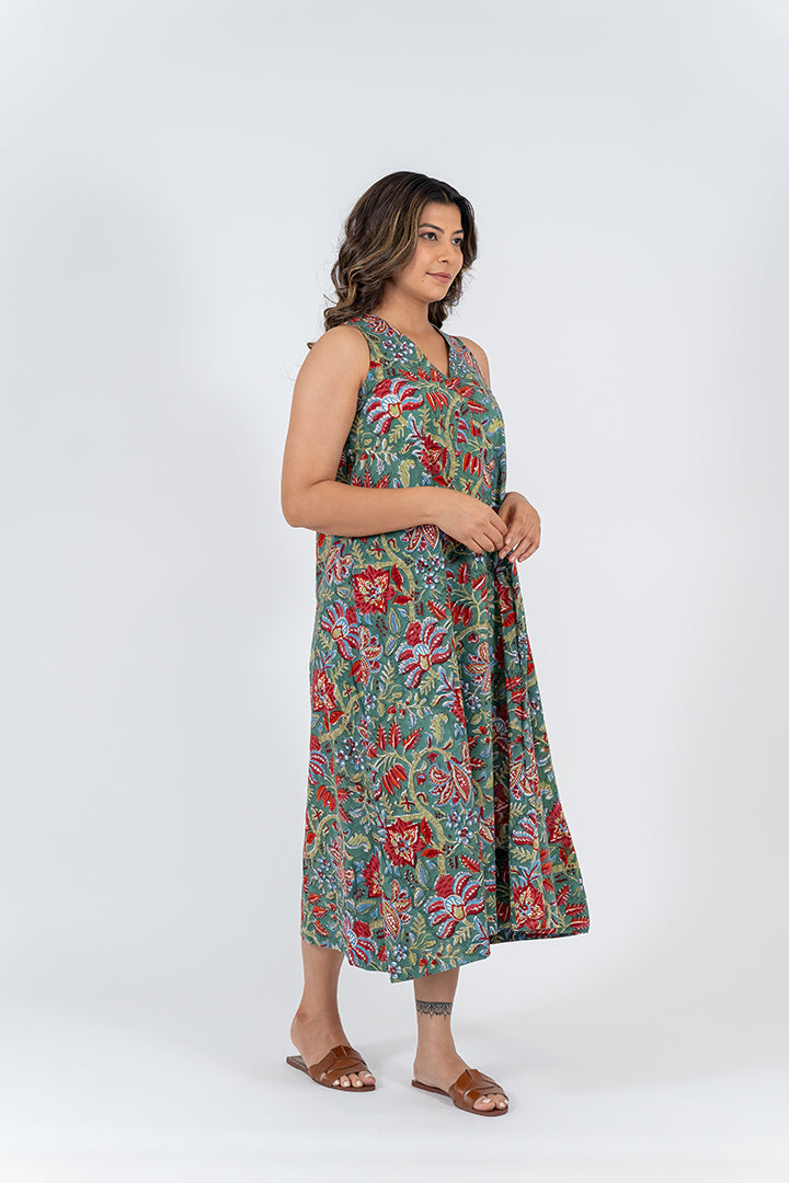 Cotton Hand Block Printed Dress-Green