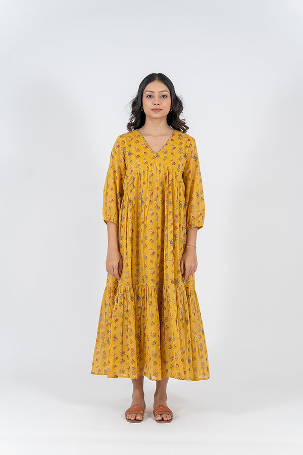 Cotton Hand Block Printed Dress- Yellow