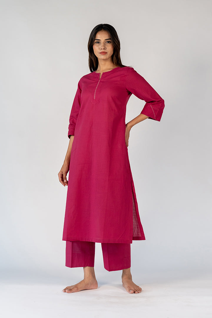 Cotton Hand Embroidery Kurta - Pink