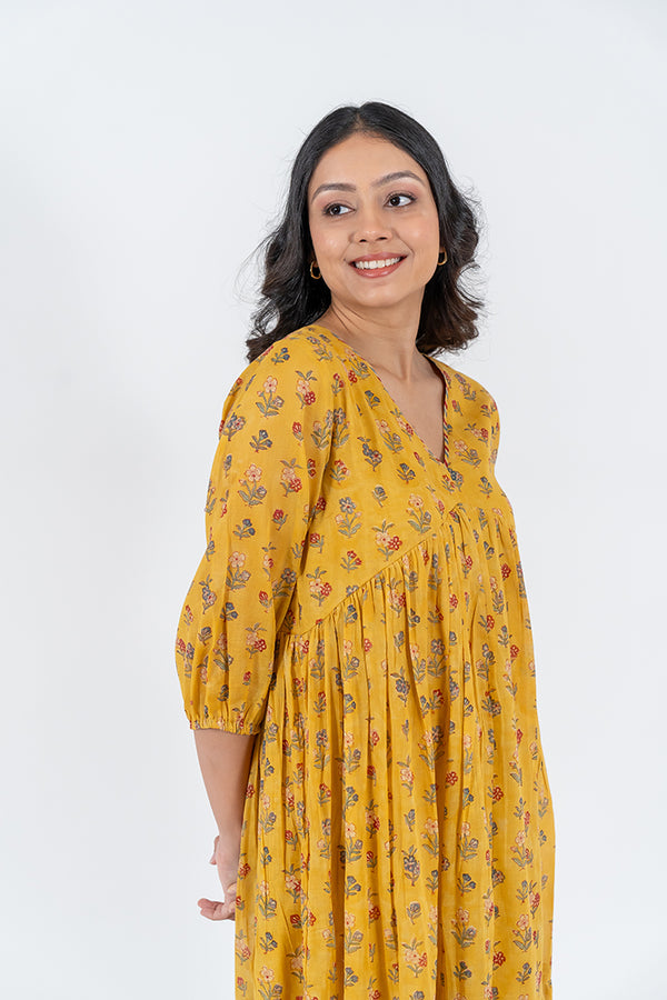 Cotton Hand Block Printed Dress- Yellow