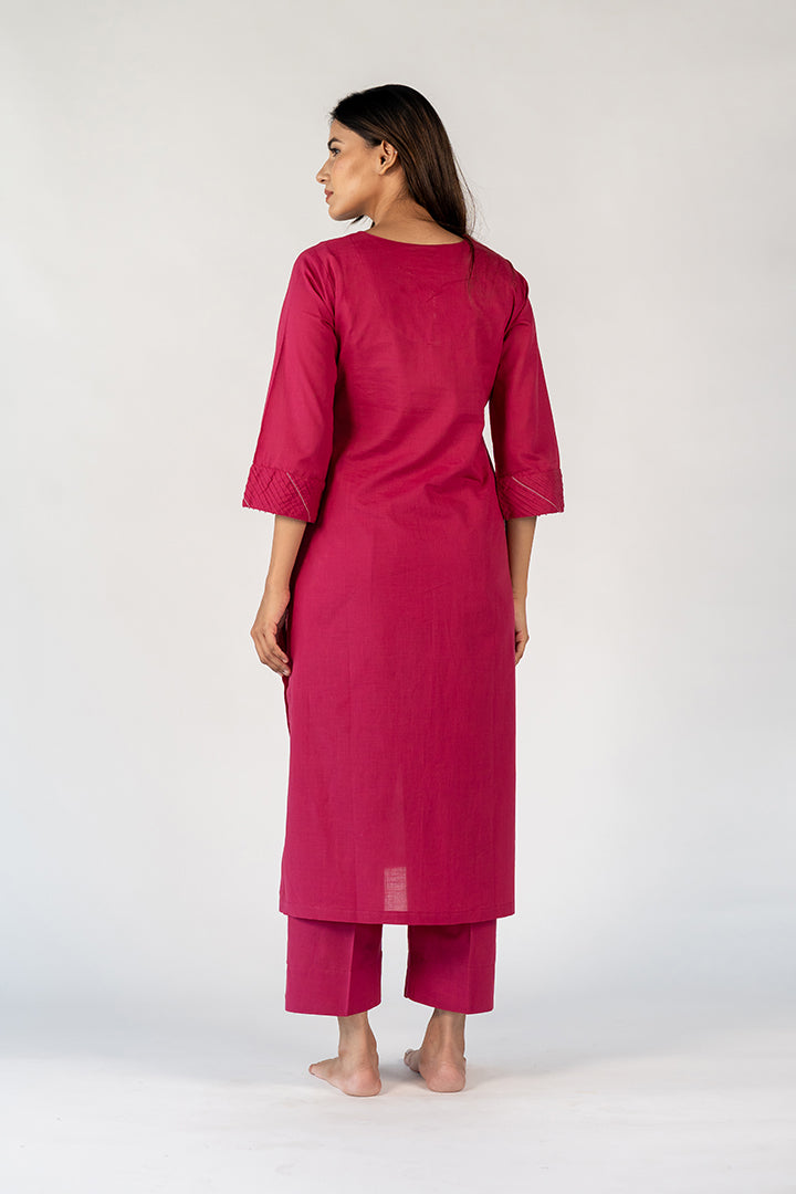 Cotton Hand Embroidery Kurta - Pink