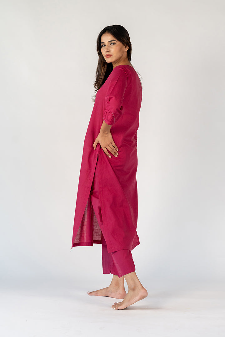 Cotton Hand Embroidery Kurta - Pink