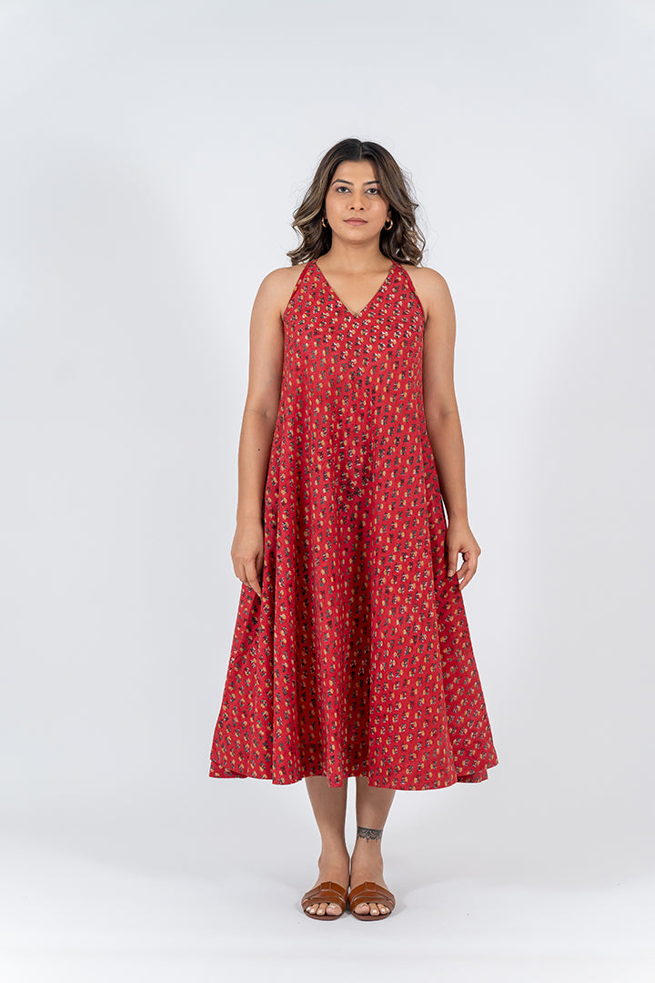 Cotton Hand Block Printed Dress-Red