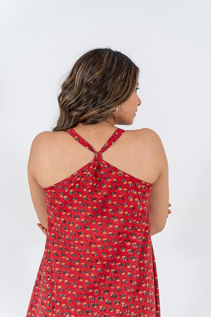 Cotton Hand Block Printed Dress-Red