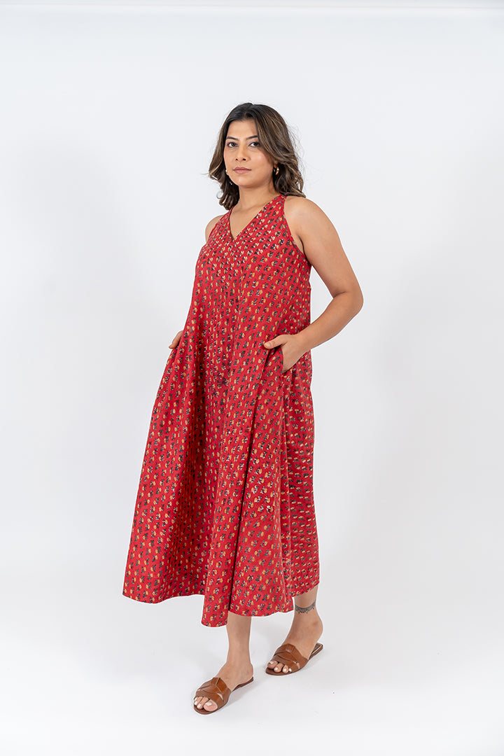 Cotton Hand Block Printed Dress-Red