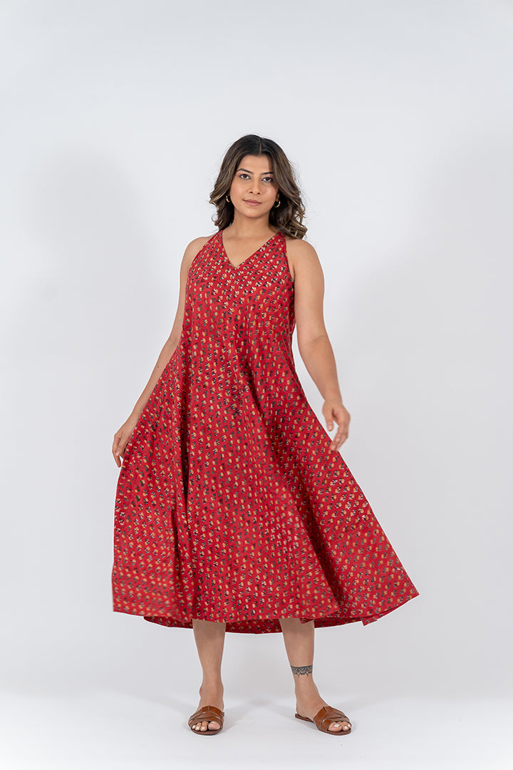 Cotton Hand Block Printed Dress-Red