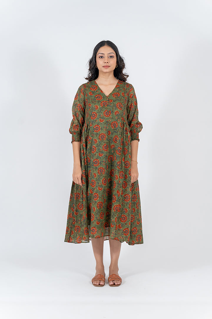 Cotton Hand Blocked Printed Dress - Green