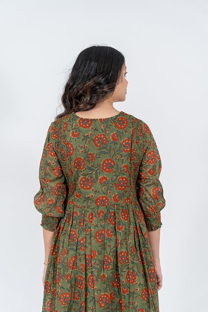 Cotton Hand Blocked Printed Dress - Green