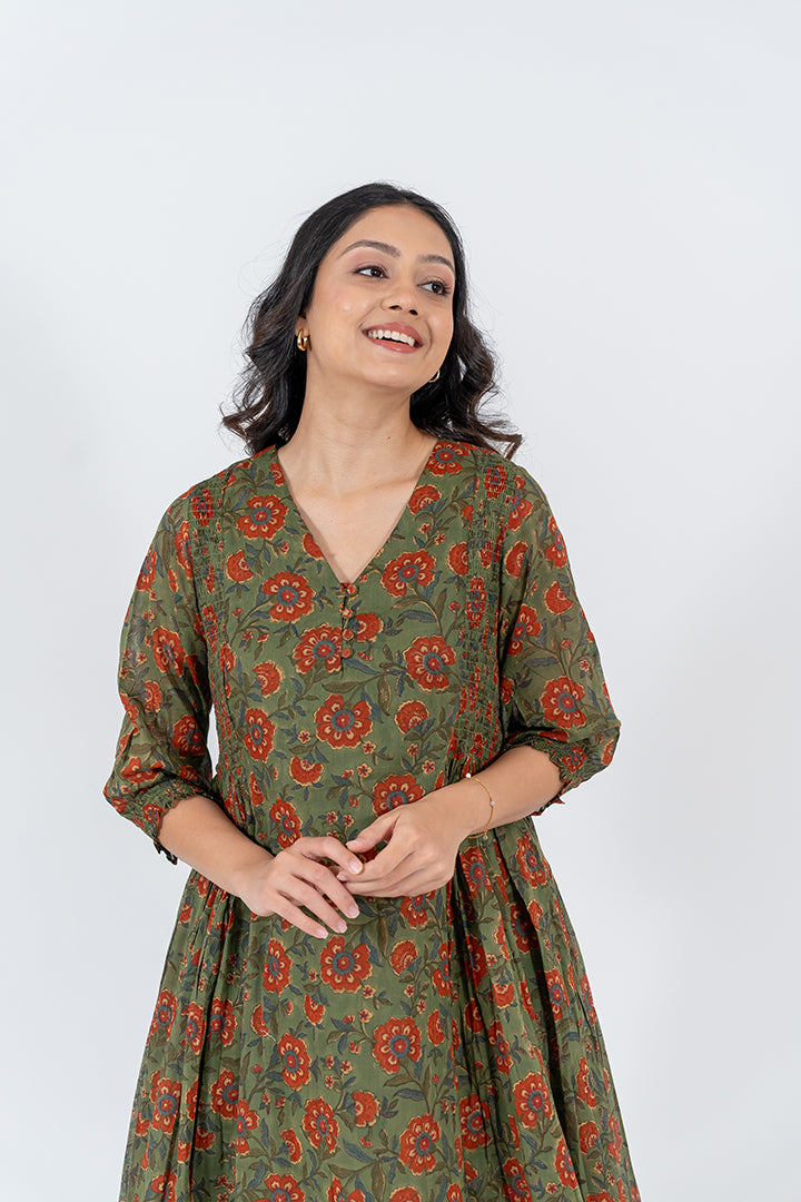 Cotton Hand Blocked Printed Dress - Green