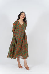 Cotton Hand Blocked Printed Dress - Green