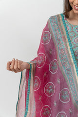 Kota Silk Hand Block Printed Dupatta With Badla Work - Rani Pink