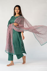 Cotton Kota Doria Hand Block Printed Dupatta - Green