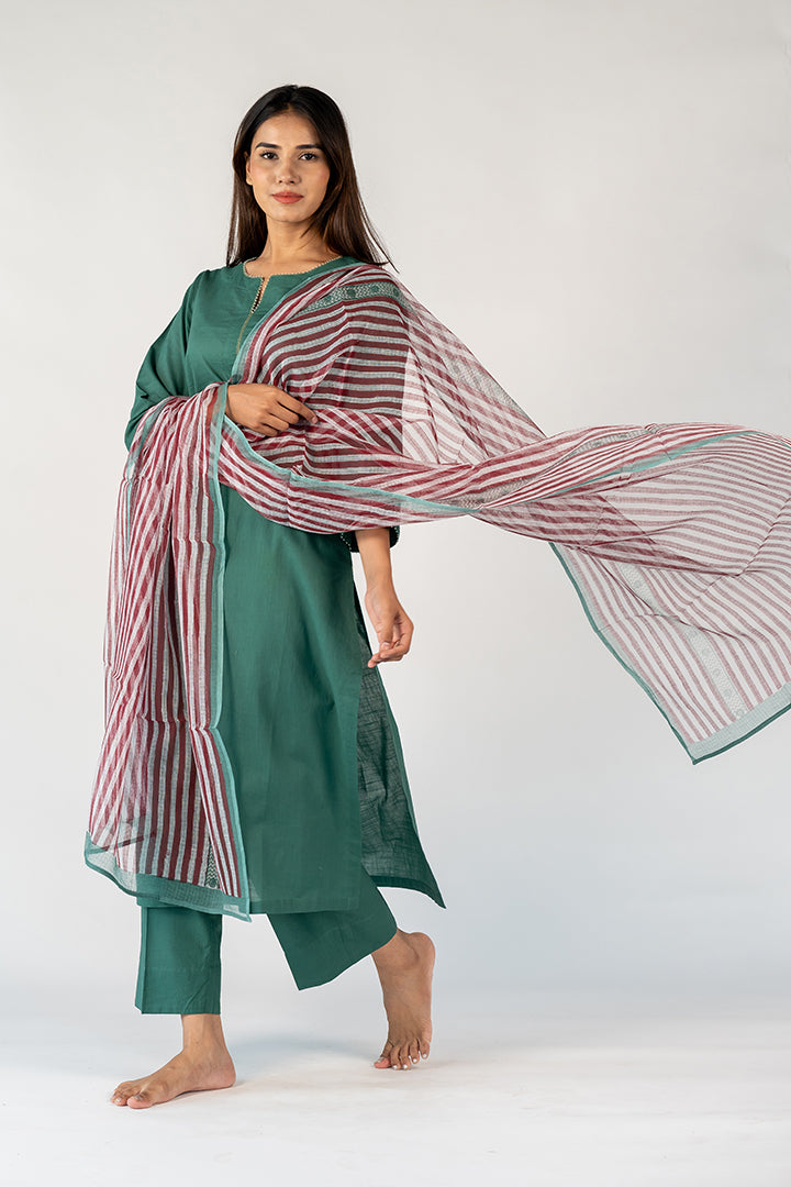 Cotton Kota Doria Hand Block Printed Dupatta - Green