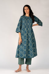 Cotton Hand Block Dabu Printed Dress - Green