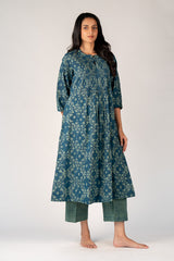 Cotton Hand Block Dabu Printed Dress - Green