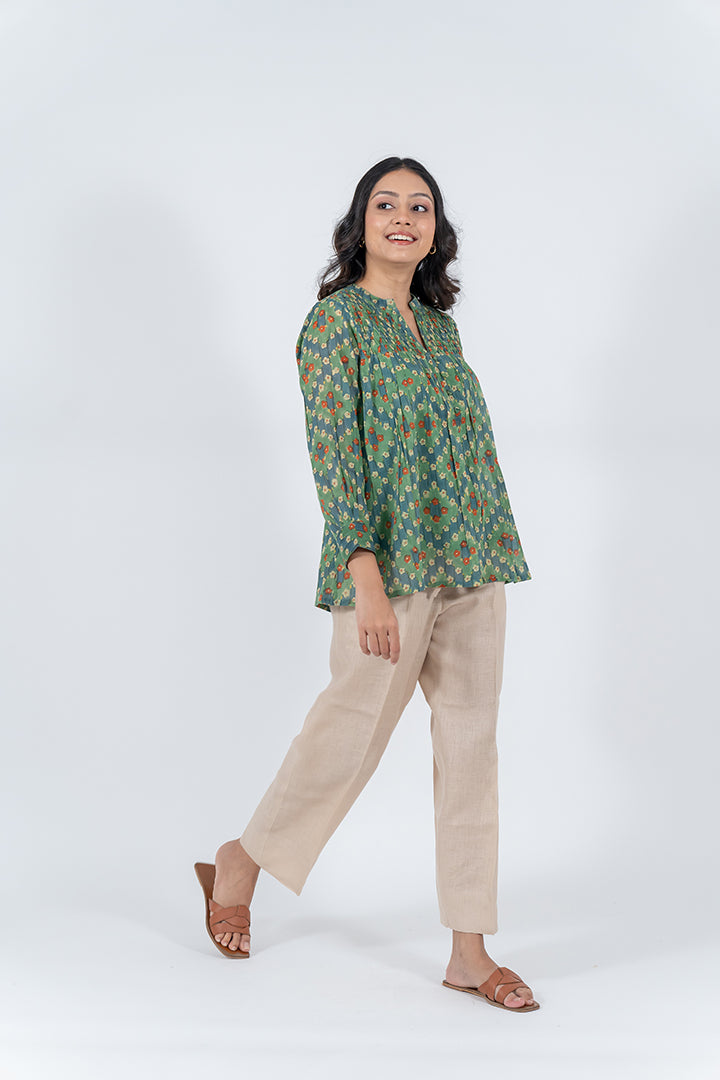 Cotton Hand Block Printed Top- Pista Green