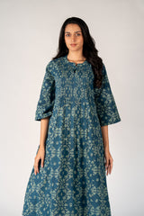 Cotton Hand Block Dabu Printed Dress - Green