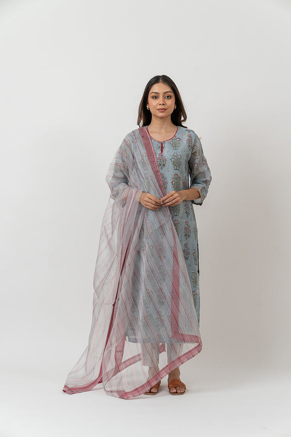 Organza Dupatta with Badla Details- Aqua Blue