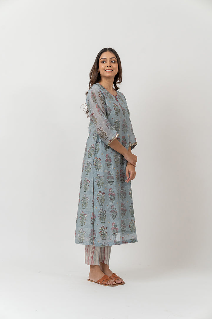 Chanderi Hand Block Printed Kurta With Sequins Details- Aqua Blue