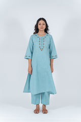 Cotton Hand Embroidery Kurta - Turquoise