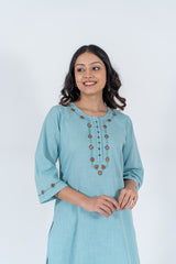 Cotton Hand Embroidery Kurta - Turquoise