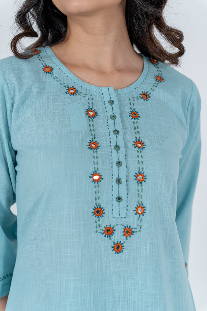 Cotton Hand Embroidery Kurta - Turquoise