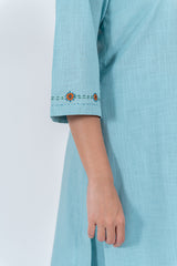 Cotton Hand Embroidery Kurta - Turquoise