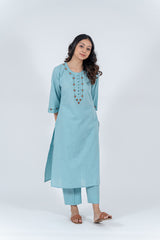 Cotton Hand Embroidery Kurta - Turquoise