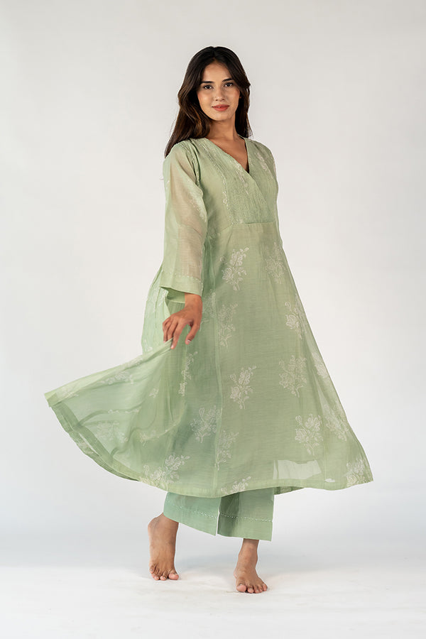 Chanderi Hand Block Printed Kurta - Green
