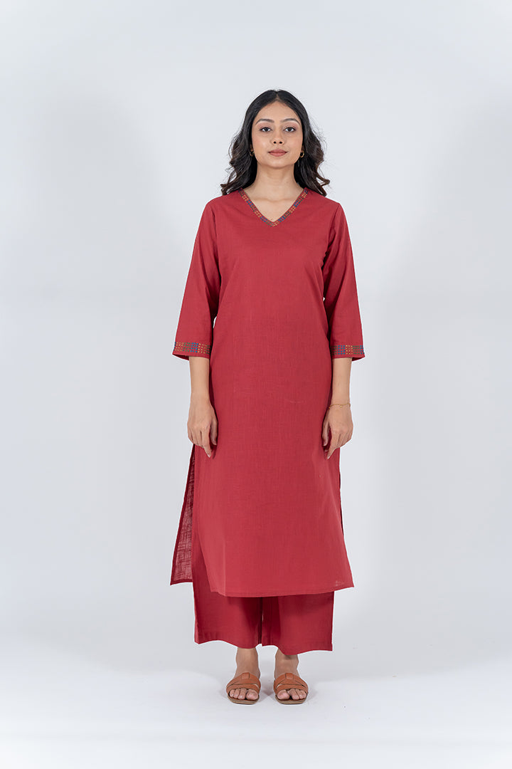 Cotton Hand Embroidery Kurta - Maroon