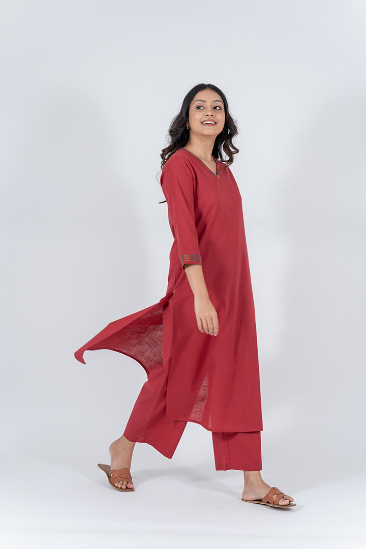 Cotton Hand Embroidery Kurta - Maroon