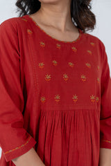 Cotton Hand Embroidery Kurta - Red